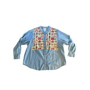 Quacker Factory Cotton Linen Button Up Denim Appliqué Country Cat Flowers 2x XL